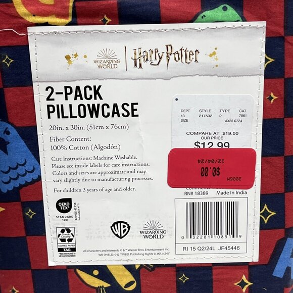 Harry Potter Hogwarts Standard Pillowcase 20"x30" Red Blue Check Cotton 2 Pack - Picture 6 of 6
